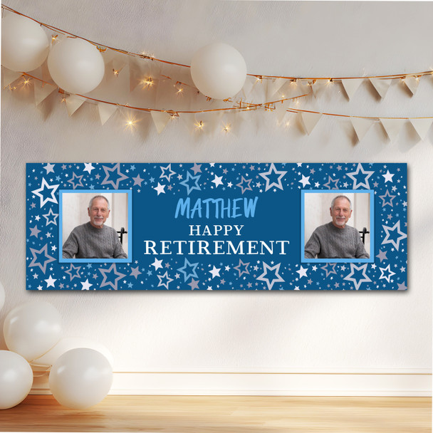 Personalised Party Banner For Retirement Male Photo Blue Stars