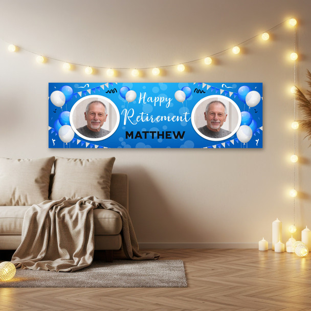 Personalised Party Banner For Retirement Photo Male Blue Balloons