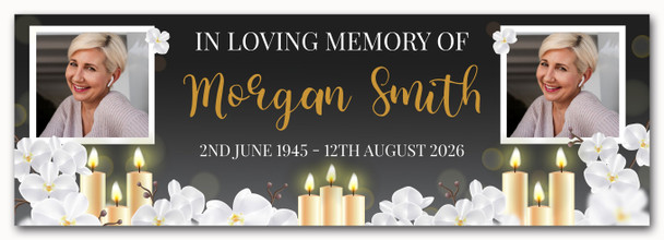 Personalised Party Banner For Funeral Loving Memory Wake Photo Candles White