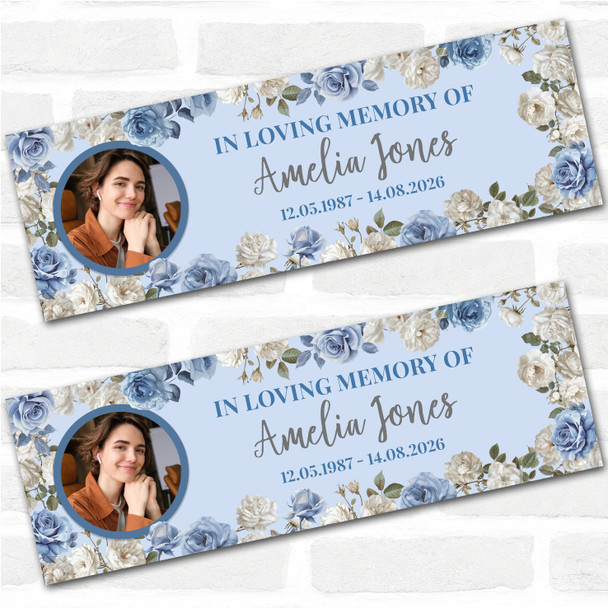 Personalised Party Banner For Funeral Wake Loving Memory Female Photo Blue