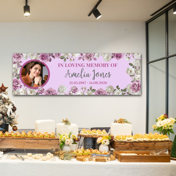Personalised Party Banner For Funeral Wake Loving Memory Female Photo Pink