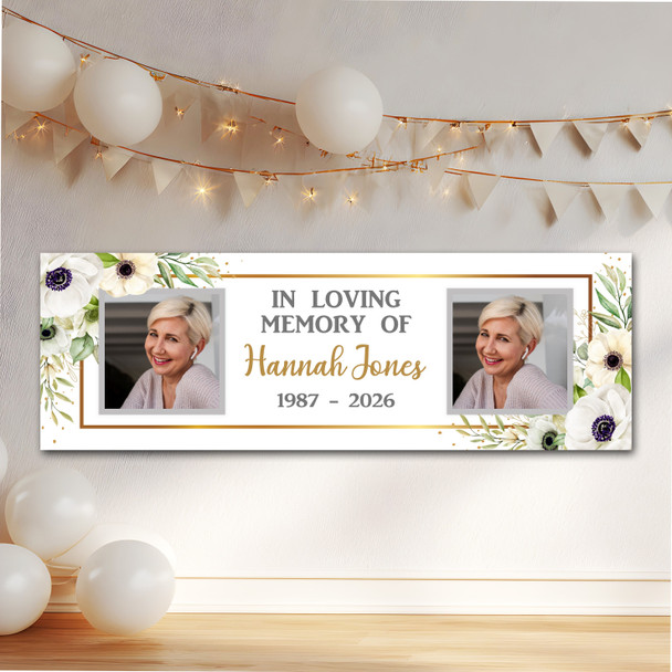 Personalised Party Banner For Funeral Wake Loving Memory Photo White Gold