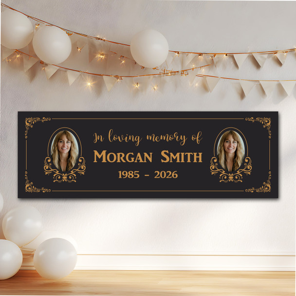 Personalised Party Banner For Funeral Wake Photo Gold Frame Black