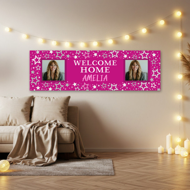 Personalised Party Banner For Welcome Home Travelling Female Photo Pink Stars
