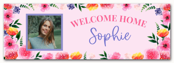 Personalised Party Banner For Welcome Home Travelling Photo Pink Flowers