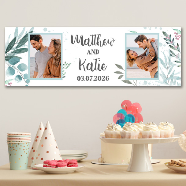 Personalised Party Banner For Wedding Day Photo Foliage Green Leaves Silver