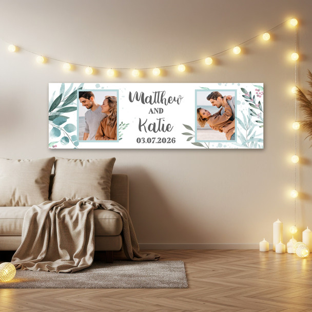 Personalised Party Banner For Wedding Day Photo Foliage Green Leaves Silver