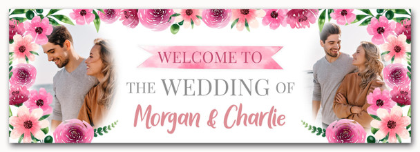 Personalised Party Banner For Wedding Day Welcome Photo Pink Flowers
