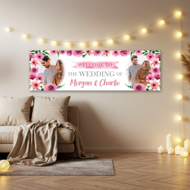 Personalised Party Banner For Wedding Day Welcome Photo Pink Flowers