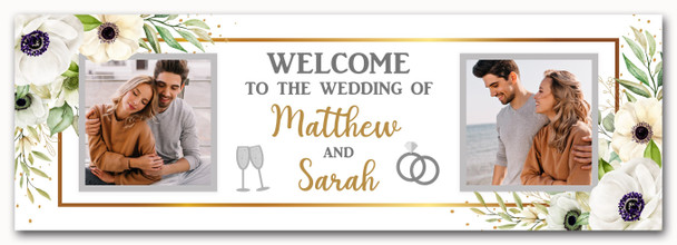 Personalised Party Banner For Wedding Day Welcome Photo White Flowers Gold