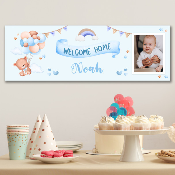 Personalised Party Banner For New Baby Boy Welcome Home Photo Bear Blue Balloons