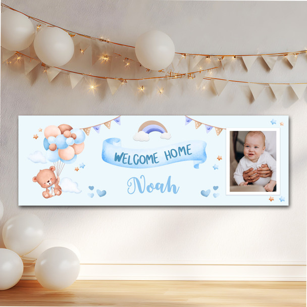 Personalised Party Banner For New Baby Boy Welcome Home Photo Bear Blue Balloons
