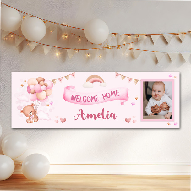 Personalised Party Banner For New Baby Girl Welcome Home Photo Bear Pink Balloon
