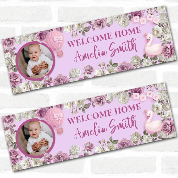 Personalised Party Banner For Welcome Home New Baby Girl Photo Pink Flowers Swan