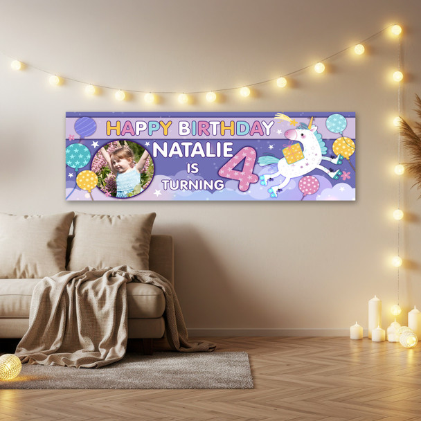 Personalised Party Banner For Kids Birthday Purple Unicorn Balloons