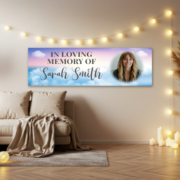 Personalised Party Banner For Funeral Wake Photo Loving Memory Clouds