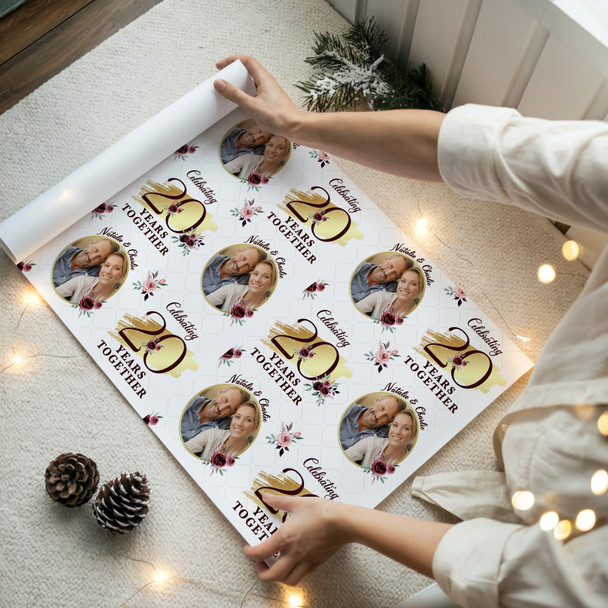 Personalised Wrapping Paper Wedding Anniversary Any Year Floral Gold Round Photo