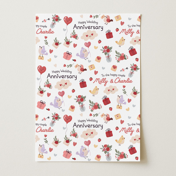 Personalised Wrapping Paper Wedding Anniversary Birds Custom Gift Wrap