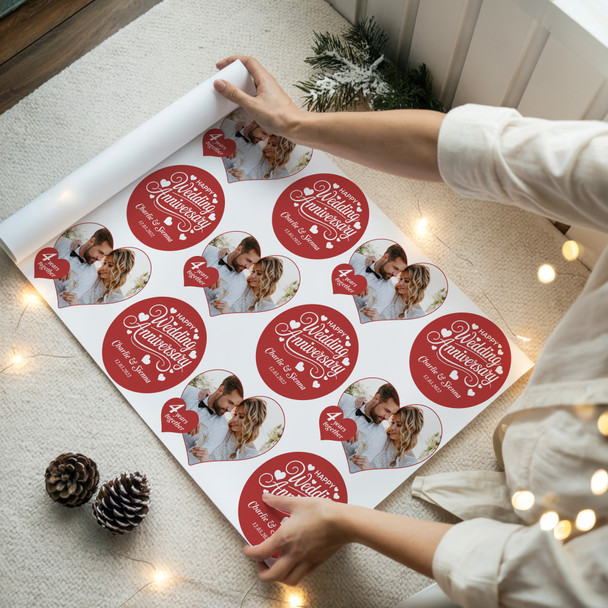 Personalised Wrapping Paper Wedding Anniversary Heart Photo Red Happy Gift Wrap