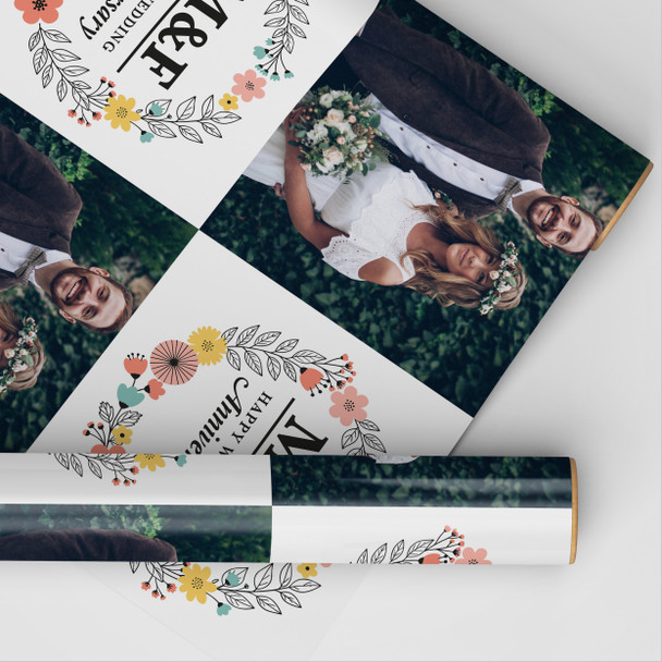 Personalised Wrapping Paper Wedding Anniversary Name Initial Floral Wreath Photo