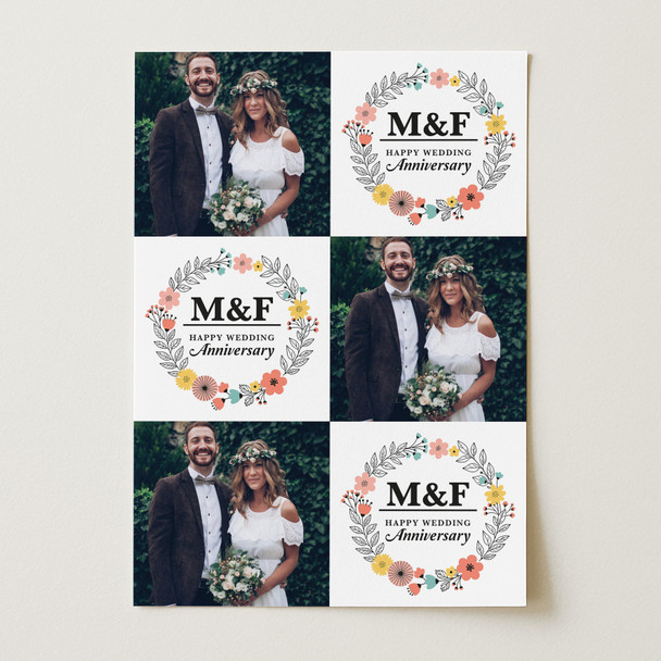 Personalised Wrapping Paper Wedding Anniversary Name Initial Floral Wreath Photo