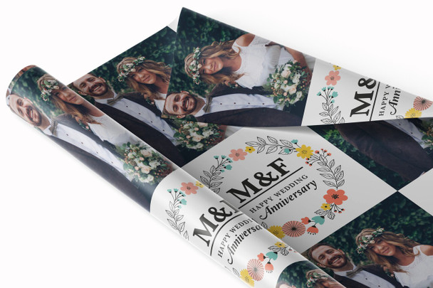 Personalised Wrapping Paper Wedding Anniversary Name Initial Floral Wreath Photo