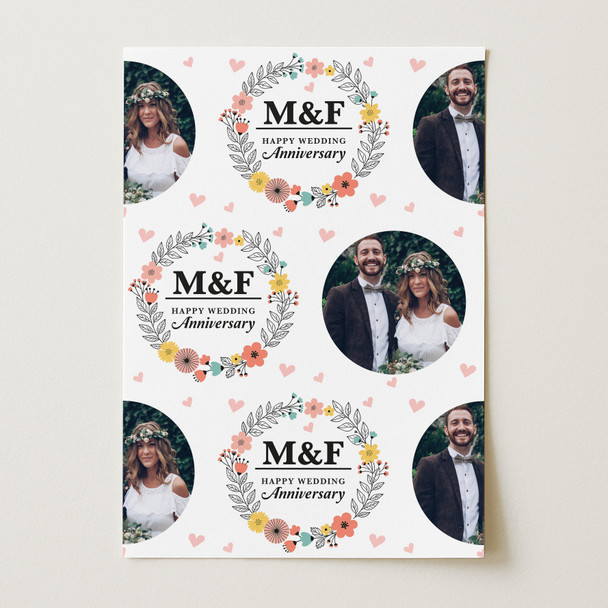 Personalised Wrapping Paper Wedding Anniversary Name Initial Floral Photo