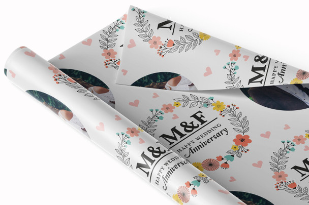 Personalised Wrapping Paper Wedding Anniversary Name Initial Floral Photo