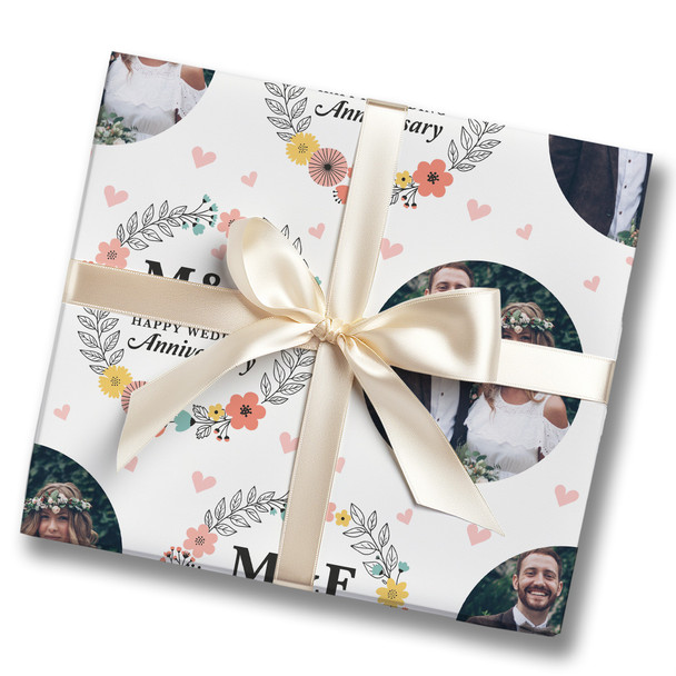 Personalised Wrapping Paper Wedding Anniversary Name Initial Floral Photo