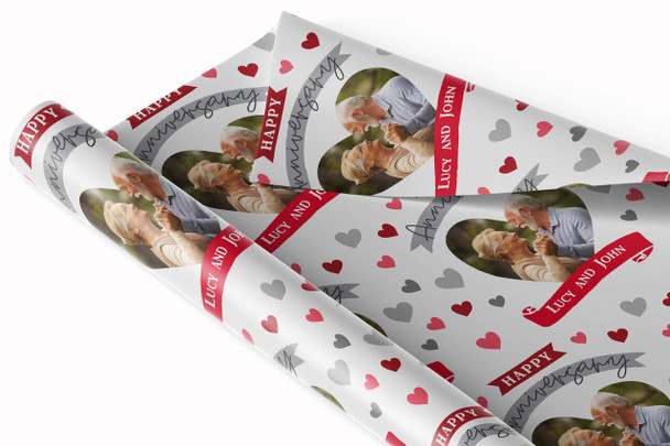 Personalised Wrapping Paper Wedding Anniversary Photo Hearts Banner Red Grey