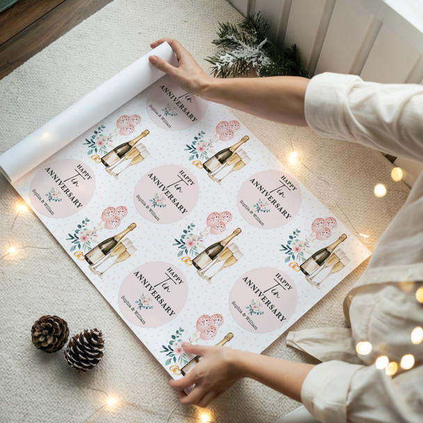 Personalised Wrapping Paper 10th Tin Wedding Anniversary Champagne Gift Wrap