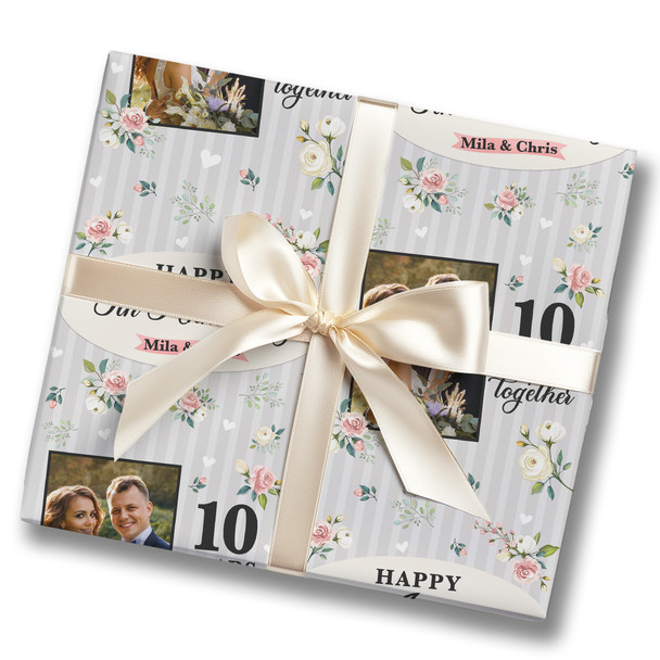 Personalised Wrapping Paper 10th Tin Wedding Anniversary Floral Photo Gift Wrap