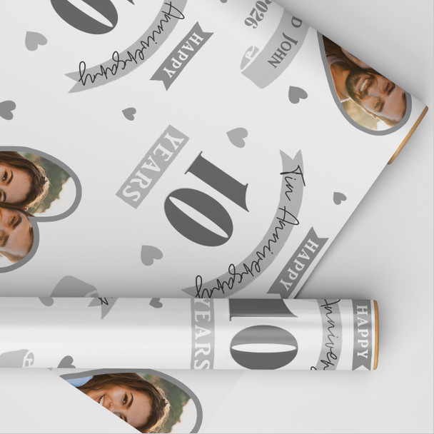 Personalised Wrapping Paper 10th Wedding Anniversary 10 Year Photo Tin Heart