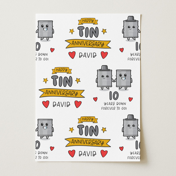 Personalised Wrapping Paper 10th Wedding Anniversary 10 Year Tin Gift Wrap