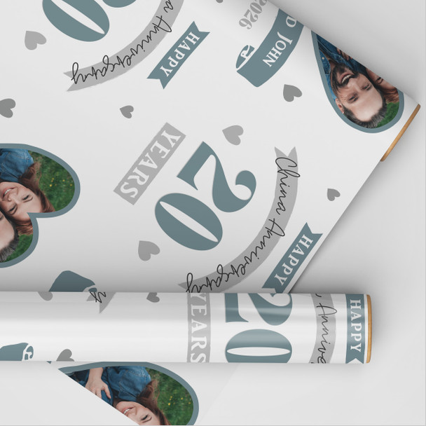 Personalised Wrapping Paper 20th Wedding Anniversary 20 Year Photo China Heart