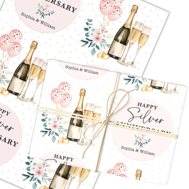Personalised Wrapping Paper 25th Silver Wedding Anniversary Floral Champagne