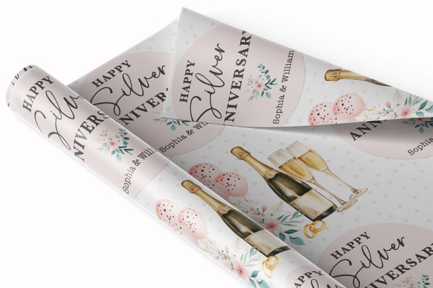 Personalised Wrapping Paper 25th Silver Wedding Anniversary Floral Champagne