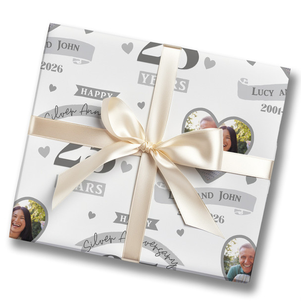 Personalised Wrapping Paper 25th Wedding Anniversary 25 Year Photo Silver Heart