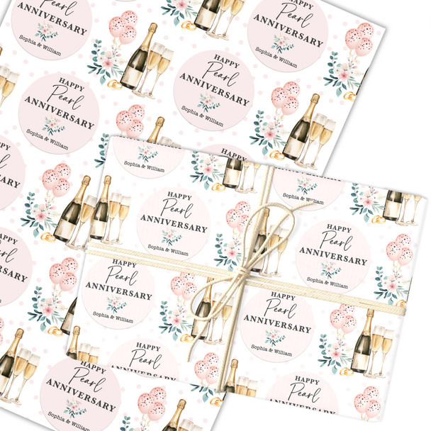 Personalised Wrapping Paper 30th Pearl Wedding Anniversary Champagne Glasses