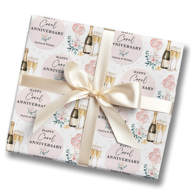 Personalised Wrapping Paper 35th Coral Wedding Anniversary Champagne Glasses