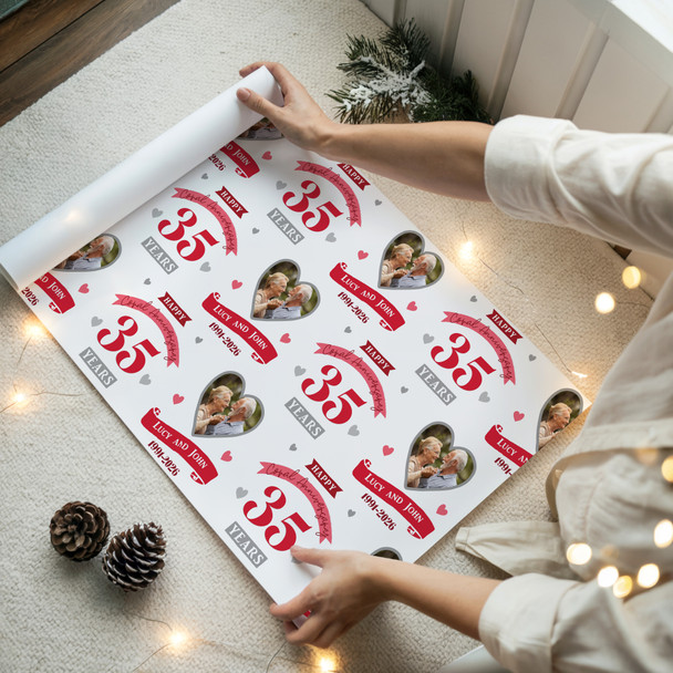 Personalised Wrapping Paper 35th Wedding Anniversary 35 Year Photo Coral Heart