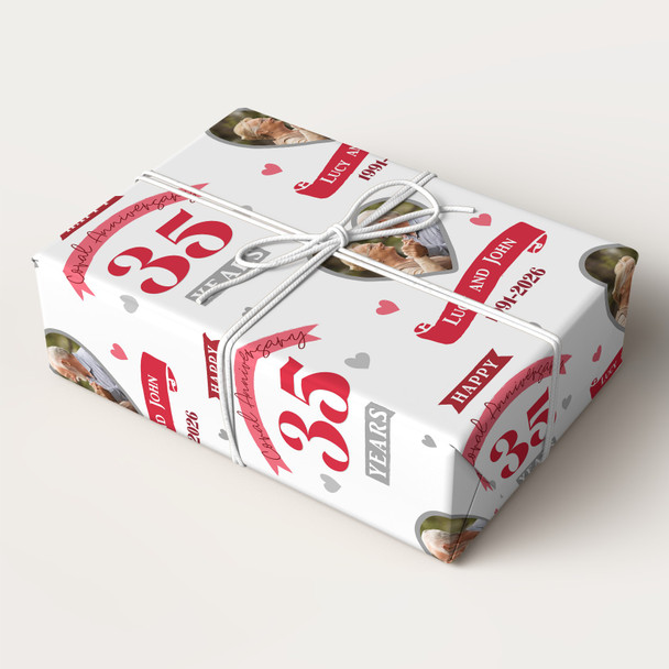 Personalised Wrapping Paper 35th Wedding Anniversary 35 Year Photo Coral Heart