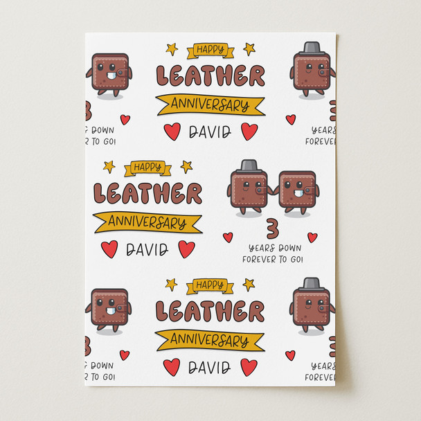 Personalised Wrapping Paper 3rd Wedding Anniversary 3 Year Leather Wallet Couple