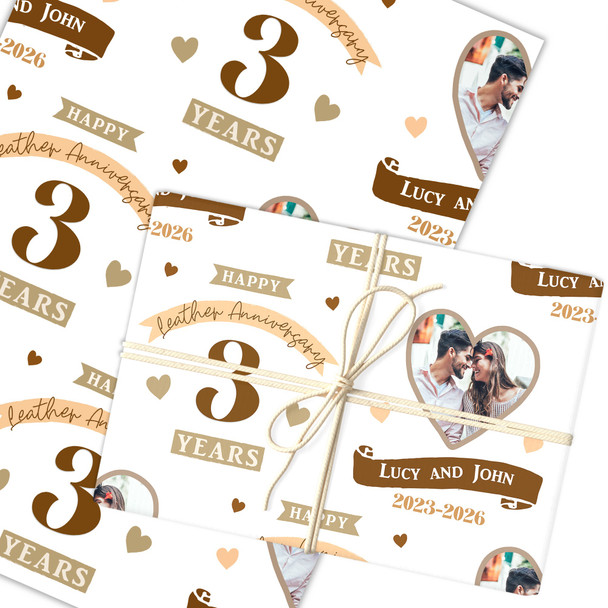 Personalised Wrapping Paper 3rd Wedding Anniversary 3 Year Photo Leather Heart