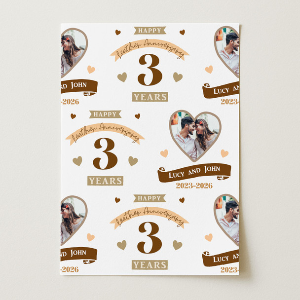 Personalised Wrapping Paper 3rd Wedding Anniversary 3 Year Photo Leather Heart