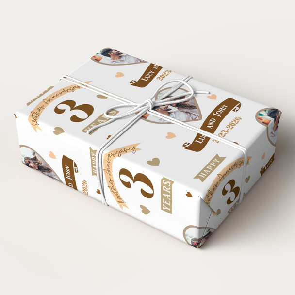 Personalised Wrapping Paper 3rd Wedding Anniversary 3 Year Photo Leather Heart