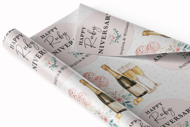 Personalised Wrapping Paper 40th Ruby Wedding Anniversary Floral Champagne