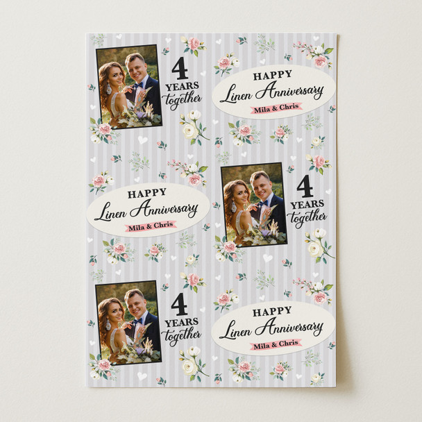 Personalised Wrapping Paper 4th Linen Wedding Anniversary Floral Photo Gift Wrap