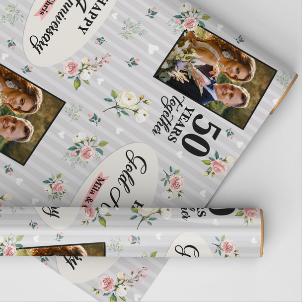 Personalised Wrapping Paper 50th Gold Wedding Anniversary Floral Photo Gift Wrap