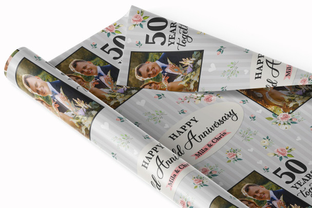 Personalised Wrapping Paper 50th Gold Wedding Anniversary Floral Photo Gift Wrap